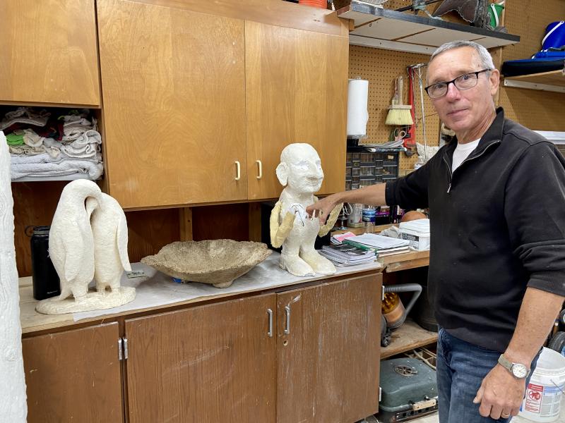 Allen Sangree is constantly working in his garage studio. Current projects include a pair of penguins and a twin of English butler Charles Cobbsworth III; this one is designed to hold toilet paper.